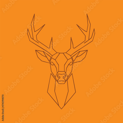 Minimalist geometric outline of a majestic stag head with antlers on vibrant orange