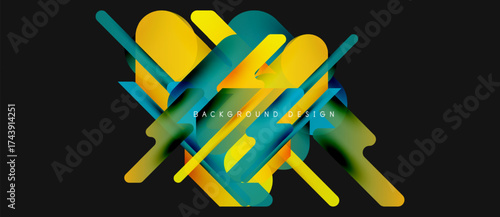 Abstract dynamic composition. Vivid gradients, overlapping shapes create modern visual effect. Dark background emphasizes bright elements.