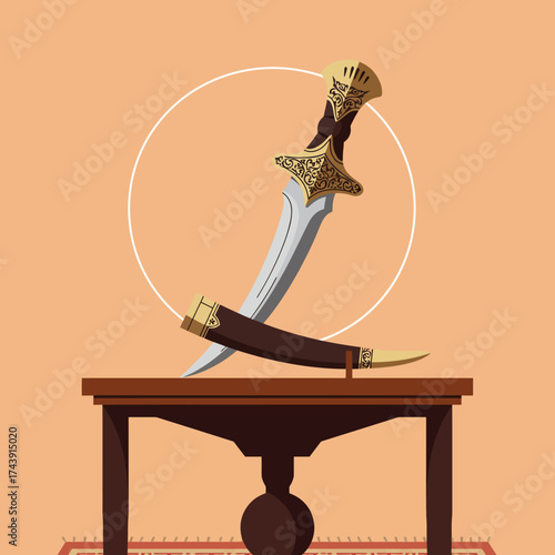 Ornate Golden Hilt Dagger with Curved Blade and Brown Leather Scabbard, Partially Unsheathed