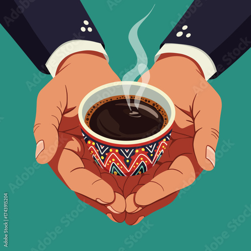 Hands Holding a Steaming Coffee Cup with Decorative Pattern