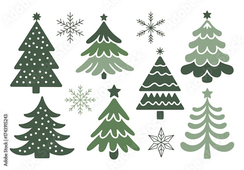 Collection of festive christmas trees and snowflakes for holiday decoration and design elements silhouette