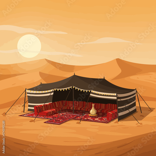 Traditional Bedouin desert tent with striped fabric, red patterned rugs, cushions, and a decorative jug.