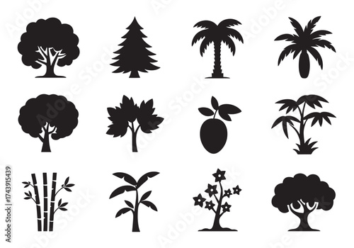 Collection of diverse plant silhouettes featuring trees palms bamboo and fruits for nature designs silhouette