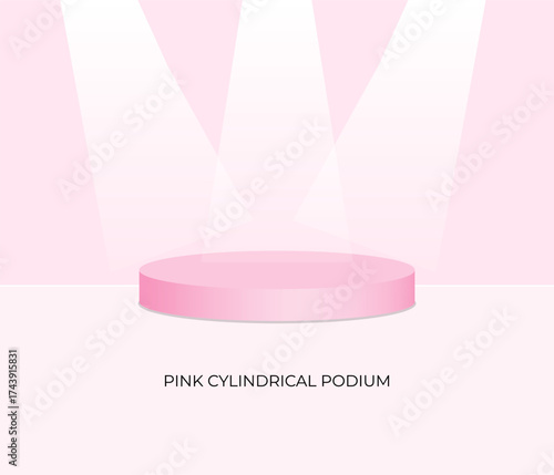 A minimalist 3D pink cylindrical podium illuminated by three bright spotlights on a soft pink background. Perfect for product display.