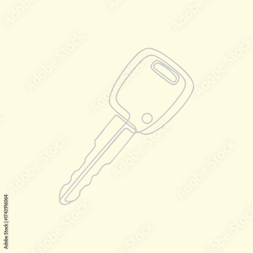 Car key with a plastic head and metal blade lying on a neutral , representing vehicle access and security tools