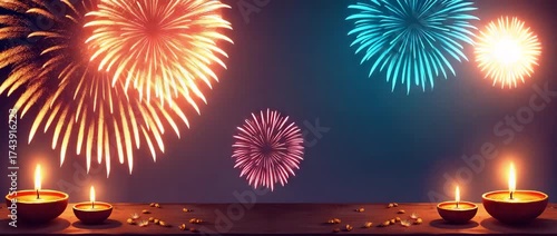 Diyas and fireworks border frame with vibrant copy space for Diwali celebrations concept as Bright diyas and colorful fireworks framing vibrant space for Diwali greetings in  Photo Stock  Concept  and