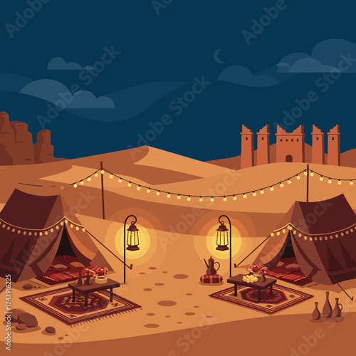 Desert Camp Scene with Tents, Lanterns, and Traditional Decor