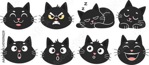 Playful cartoon black cat faces expressing diverse emotions like happiness, anger, surprise, and sleepiness for kids' content and creative projects