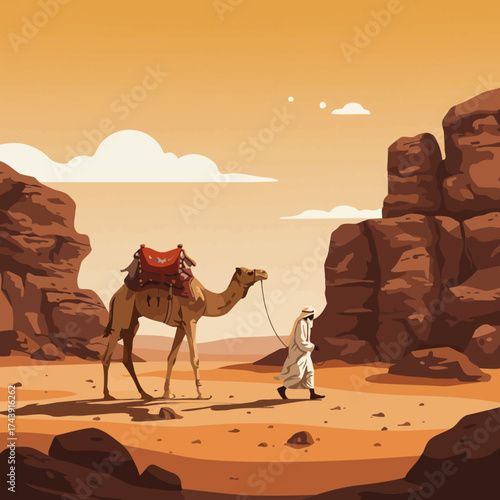 Camel with Red Saddle and Man in White Robe Walking in Desert