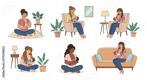 Diverse mothers lovingly nursing their babies in cozy home settings, embracing the joy of motherhood and the precious bond of breastfeeding