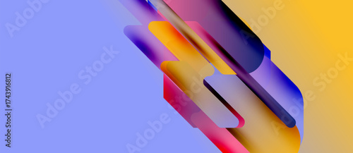 Abstract shapes blend vibrant colors. Gradient transitions create dynamic visual effect. Modern design, smooth curves, digital art.