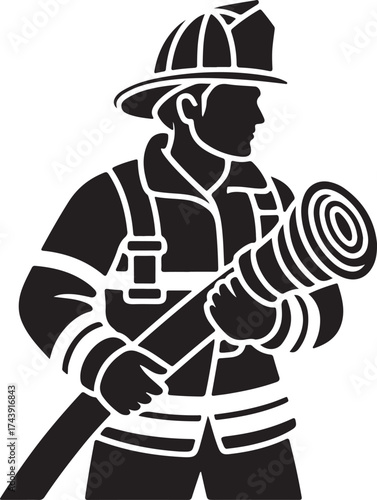 Brave firefighter holds fire hose ready to rescue