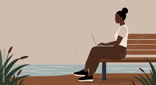 Young woman works on laptop outdoors on a bench by water Remote work freelance lifestyle