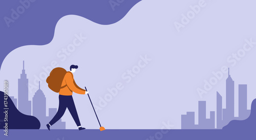 Modern traveler with backpack and stick walking through city skyline Journey adventure lifestyle