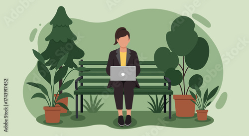 Businesswoman works remotely on laptop in a calm park setting Remote work flexibility lifestyle