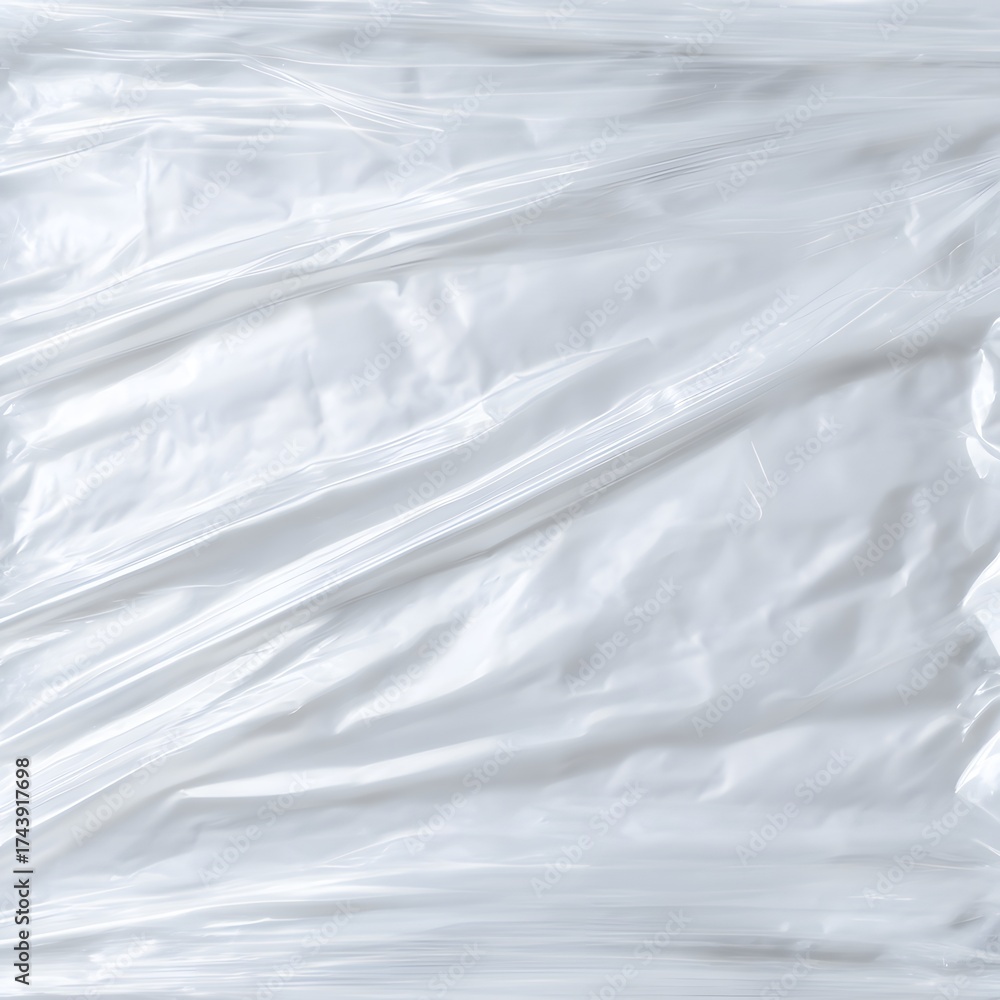 Fototapeta premium White plastic wrap texture background with soft wrinkles and glossy folds for modern clean design.