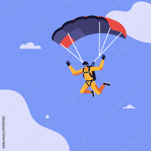 Excited skydiver descending with a parachute against a clear blue sky Adventure and freedom
