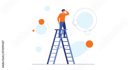 Man on ladder looking towards future prospects and opportunity, envisioning success and career growth, standing tall against a clean, modern backdrop