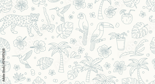 Tropical Jungle Pattern with Jaguar, Toucan, Parrot, and Hummingbird Line Art