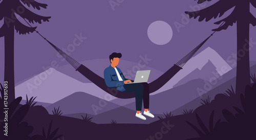 Man working on laptop in a hammock amidst a tranquil mountain landscape at dusk