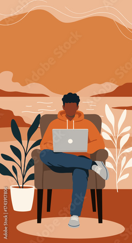 Man working on laptop in a cozy home environment with a scenic background