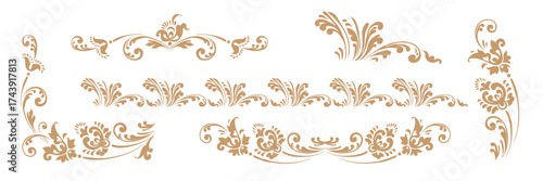Vintage swirl-style ornament. Russian style, leaf pattern, elegant filigree ornament. Golden arabesque decorative elements. Vector Slavic traditional motif. Suitable for card, wedding, and invitation.