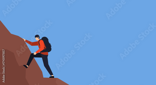 Man with backpack climbing mountain Concept of challenge success adventure progress travel