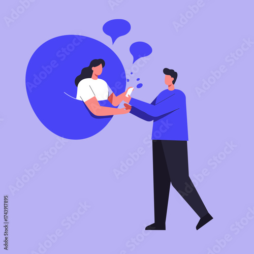 Man and woman virtually connect and communicate sharing information via smartphone