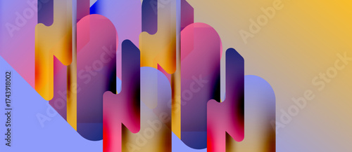 Abstract colorful shapes overlap, creating vibrant gradients. Composition feels modern, dynamic, visually interesting.