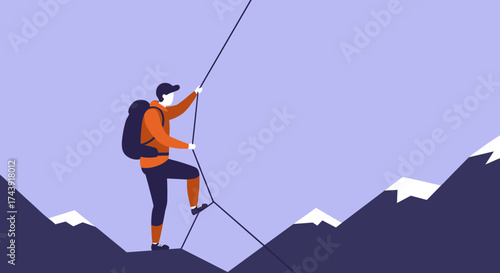 A person climbing a rope over mountains symbolizing challenge adventure and upward progress