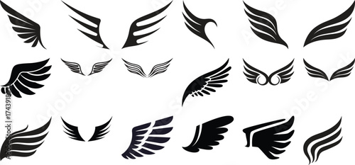 Collection of diverse black wing silhouettes on a white background