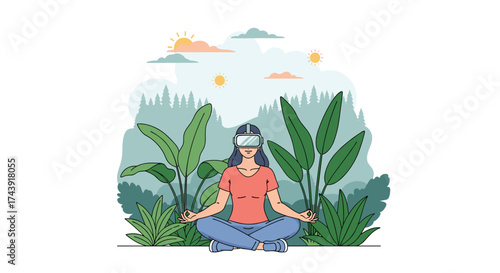 Woman finds zen in virtual reality nature experience for mindfulness and relaxation, modern technology meets peaceful meditation outdoors