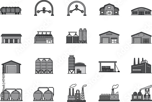 Industrial icon set, factory silhouette, warehouse, refinery, power plant, train car, storage tank, smokestack, molecular structure, black and white vector, infrastructure design