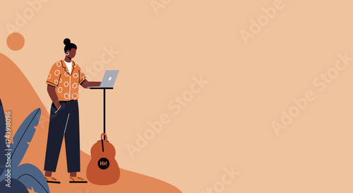 Creative woman working remotely on laptop with guitar Freelance digital nomad lifestyle