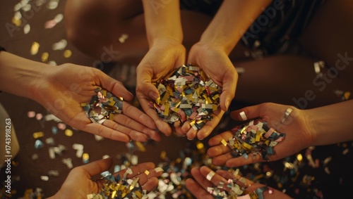 Friends celebrating a special occasion, holding colorful metallic confetti in their hands, preparing to throw it, symbolizing joy, togetherness, and festive fun