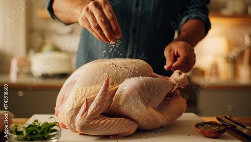 Man seasoning whole raw turkey, preparing holiday meal in kitchen, adding salt and pepper to poultry skin for thanksgiving dinner cooking tradition