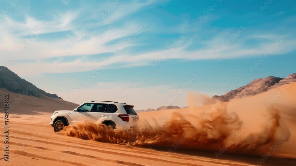 Obraz premium White suv driving through desert sand dunes, kicking up dust