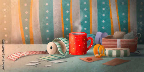 Red mug with steam surrounded by holiday wrapping tape and paper on table for black friday shopping season