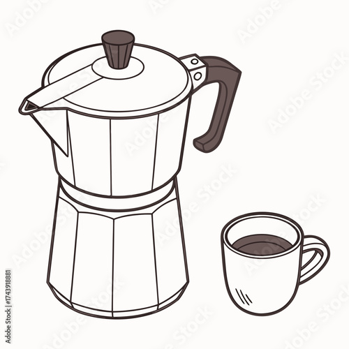 A classic italian stovetop moka pot coffee maker with a full cup of dark coffee beside it