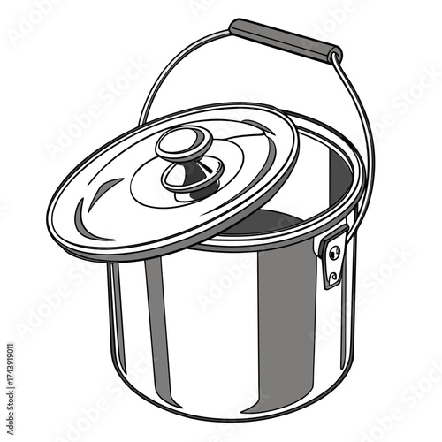 A simple line art illustration of a shiny metal cooking pot with a handle and a partially open lid