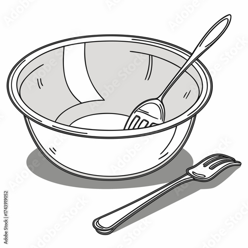 A simple line art illustration of a clean empty bowl with a fork inside and another fork lying beside it on a white background