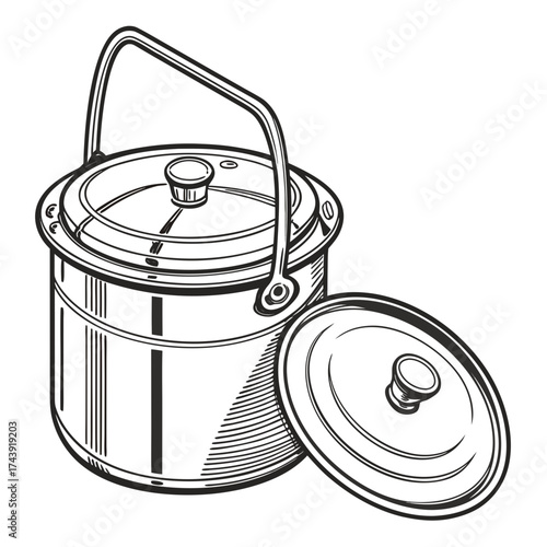 Classic black and white line drawing of a vintage metal cooking pot with a handle and a separate lid