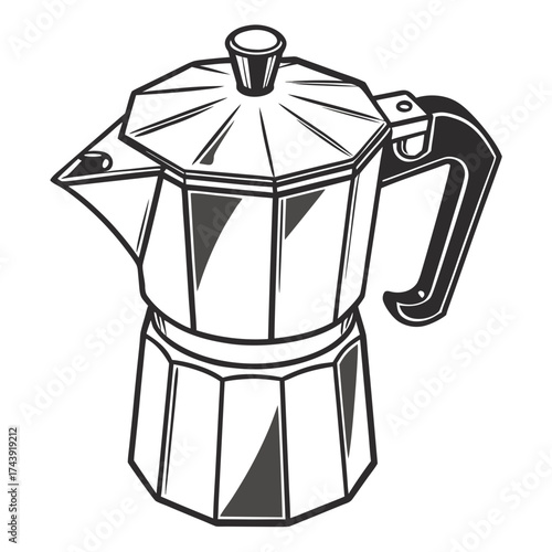 Classic italian moka pot coffee maker illustration in black and white with clean lines and simple design