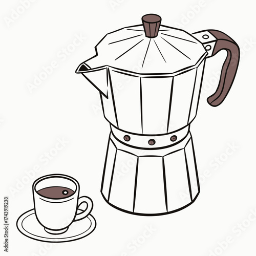 Classic italian moka pot coffee maker with a small cup of rich espresso on a saucer