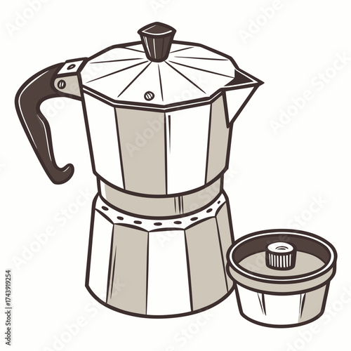 Classic italian moka pot coffee maker with separate filter basket isolated on white background illustration