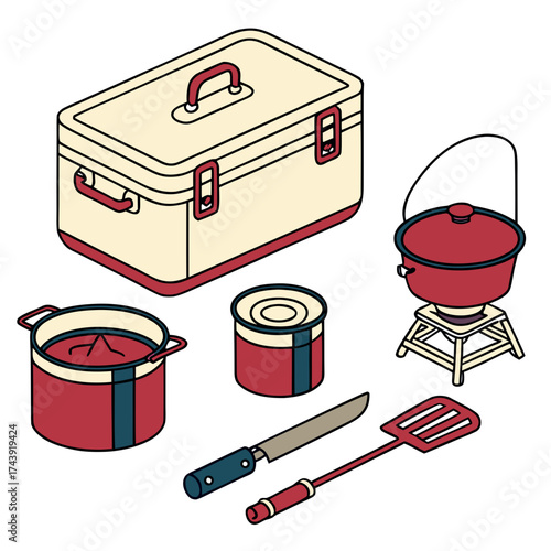 Collection of camping cooking gear including a cooler pots canned food a knife and a spatula