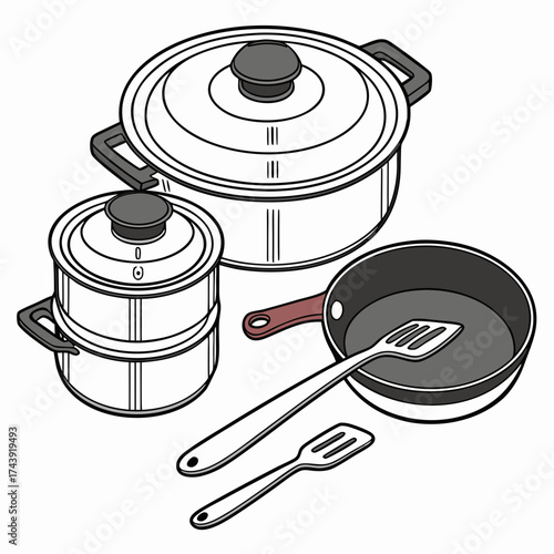 Collection of kitchen cookware including a large pot a steamer and a frying pan with utensils