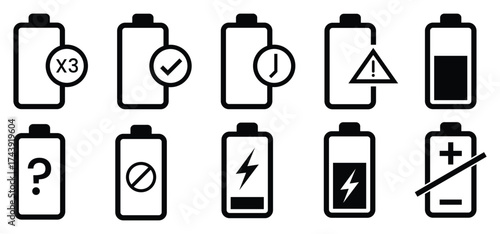 Battery icon set logo. Battery level sign. Full battery indicator or low battery sign. Power level symbol. Energy-packed illustration. Simple vector design.