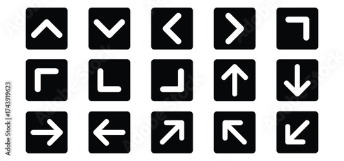 A set of arrow icon logos in various shapes and directions. Used for navigation, previous, and back. A collection of simple line arrow vectors.