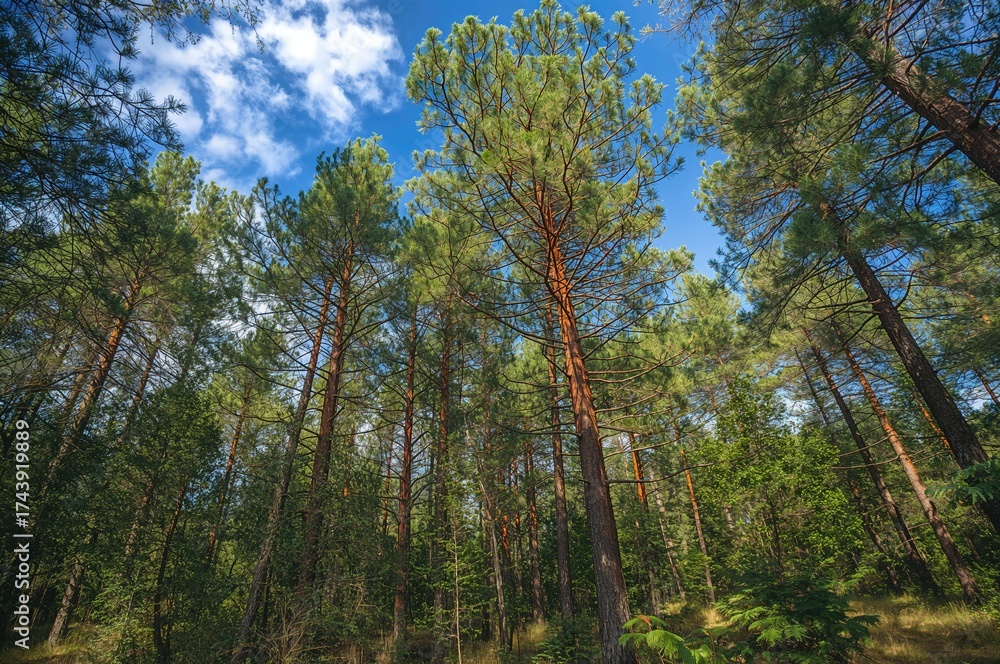 Fototapeta premium Pine trees stretching beneath a clear blue sky